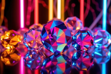 Poster - retro 80s neon aesthetic with glowing, colorful facets and dynamic reflections