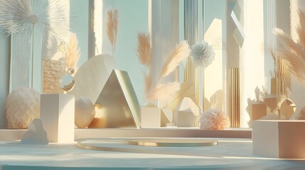 Poster - Abstract pastel scene with geometric shapes and plants.