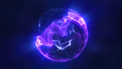 Poster - Purple glowing energy sphere with flowing particles and radiant light trails in dark abstract space futuristic background