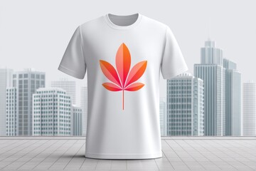 a graphic t-shirt mockup with a stylized maple leaf print in bold colors