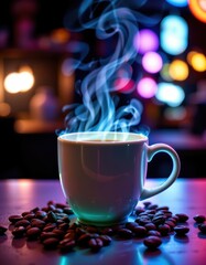 Poster - neon glow style with luminous coffee cup and beans glowing against a nighttime background