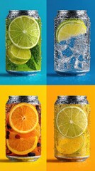 Poster - Four Flavored Soda Cans with Citrus Fruit Slices on Colorful Backgrounds Studio Shot Close Up Refreshment
