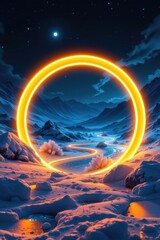 Poster - neon glow aesthetic with luminous rings and icy landscape on a dark background with vibrant light reflections