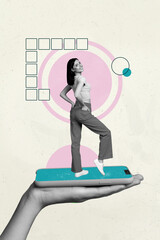 Poster - Banner art collage of person stand screen gadget with cubes on pastel color background
