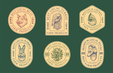 Wall Mural - Pork Meat Poultry Farm Retro Framed Badges Logo Templates Collection. Hand Drawn Domestic Animals and Birds Sketches Vegetables Chicken Pig with Retro Typography. Vintage Sketch Emblems Set. Isolated