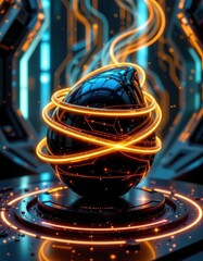 Poster - neon glow aesthetic with luminous gold spirals wrapping around a sleek black shape, with glowing droplets in a sci fi environment