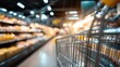 © JT Studio - A shopping cart in a brightly lit supermarket aisle, surrounded by shelves filled with various products.