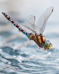 Poster - Dragonfly hovering over water surface close-up macro shot; vibrant colors, water droplets, detailed wings in natural light