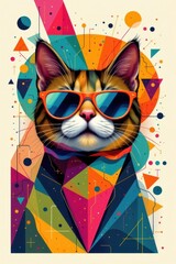 Poster - abstract geometric design featuring a stylized cat with angular sunglasses and playful shapes in bri