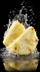 Poster - Two Pineapple Slices Splashing in Water on Black Backdrop Studio Shot Refreshing Tropical Fruit Exotic Food Still Life