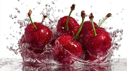 Poster - Fresh Red Cherries Splashing in Water Close Up Studio Shot on White Background Delicious Fruit Healthy Food Ingredient