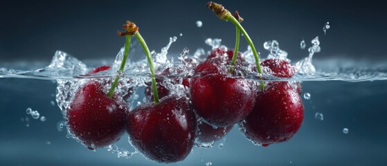 Poster - Fresh Cherries Plunging into Water Creating Splashes and Bubbles Studio Shot Macro Food Photography Dark Background