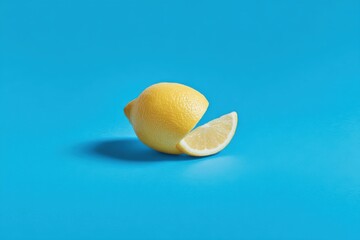 Poster - Fresh Yellow Lemon with Slice on Blue Background Studio Shot Minimalist Food Still Life Concept Tropical Fruit Citrus