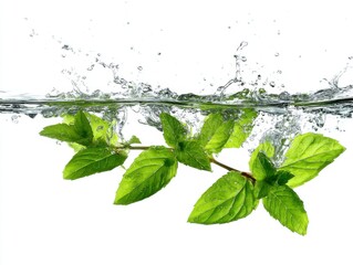 Poster - Fresh mint sprigs splashing into water on white background close up view refreshing and vibrant healthy lifestyle concept