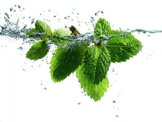 Poster - Fresh mint sprig underwater with water droplets studio shot on white background close up bright and vibrant