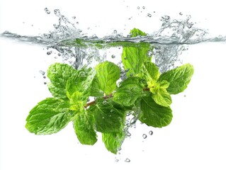 Poster - Fresh mint sprig plunging into clear water creating splash on white background studio shot close up freshness