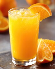 Poster - Refreshing Orange Juice in Glass with Ice Cubes and Orange Slice Garnish on Slate Surface Close Up