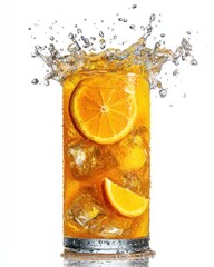 Poster - Refreshing orange juice splashes in glass with ice cubes and orange slices on white background studio shot