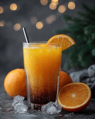 Poster - Refreshing orange cocktail drink with ice cubes and oranges on dark background studio shot close up view