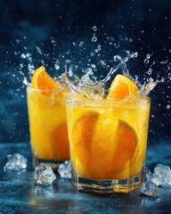 Poster - Two glasses of orange juice with splashing water and ice cubes on a blue surface studio shot