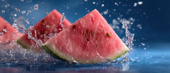 Poster - Sliced Watermelon in Motion with Splashing Water Against a Blue Background Studio Shot Refreshing Summer Fruit Close Up