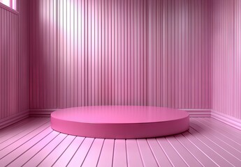 Poster - A modern 3D rendering featuring a pink podium against a minimalist pink wall, set amidst an abstract geometric background with pastel pink hues, serves as a sleek stage for awards on a website