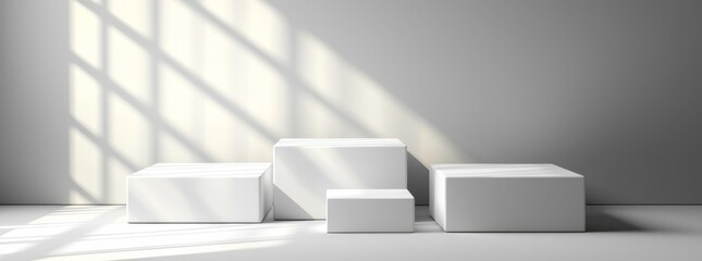 Poster - The museum setting features a realistic podium with cubes, accompanied by 3D exhibit displays and geometric product stands in a gallery, all under the spotlight on a modern pedestal