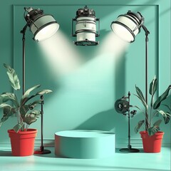 Poster - A modern illustration image features a flat round podium lit up by spotlights