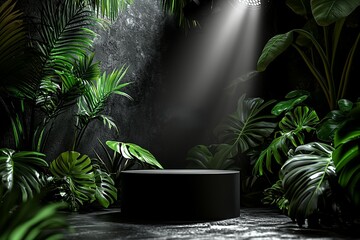 Poster - A 3D modern illustration of a dark platform stage featuring an empty pedestal for product display or presentation purposes