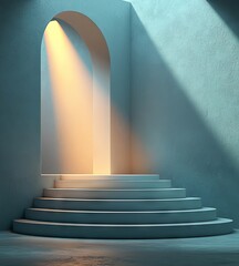 Poster - A white cylinder template is set against a grey background with bright lighting and spotlights in a showroom podium scene featuring a winner's pedestal
