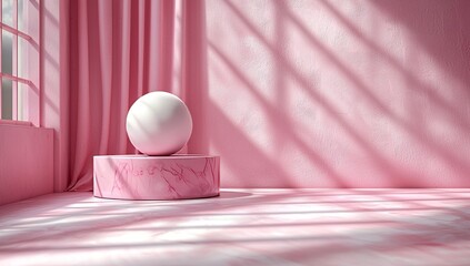 Poster - Modern illustration featuring a minimalist banner with geometric shapes for product presentation, set against a pink background with a podium or platform, surrounded by geometric bubble shapes and