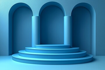 Poster - A contemporary light blue cube and cylinder stepped pedestal podium set against a curtain backdrop, forming an abstract modern 3D shape for showcasing cosmetic products in a minimalist pastel studio