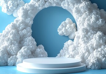 Poster - The image features a blue background with a product display podium encircled by blue clouds, accompanied by a hazy atmosphere of smoke, fog, and steam, presented in a modern illustration style