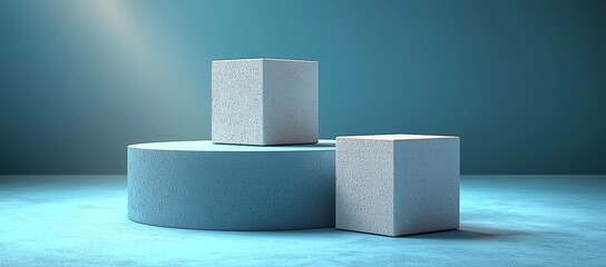 Poster - A modern 3D rendering of a round corner cube platform podium with an abstract white and blue design, set against a light blue minimal wall scene with window lighting, ideal for product display