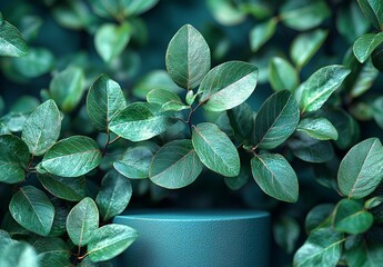 Poster - Cylinder podiums with white and light blue hues, set against a minimalist blue wall with subtle shadows, accompanied by a plant pot with green leaves, under window lighting, in a modern 3D abstract