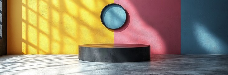 Poster - A set of pedestal podiums in yellow, blue, pink, and white, featuring embossed ring shapes against a pastel-colored backdrop, rendered in 3D with an abstract modern style, for displaying cosmetic