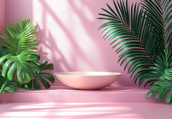 Poster - A 3D background featuring a podium scene with a geometric platform and green leaves is used to display products, set against a modern 3D rendered background with a podium to showcase cosmetics on a