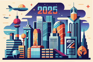 Poster - Modern city skyline illustration for the year 2025 showcasing futuristic buildings, transportation, and vibrant colors representing urban life