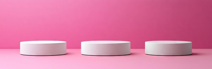 Poster - A collection of white and gray cylindrical pedestals and pastel-colored platforms forms a modern 3D design for displaying cosmetic products in a minimalist setting