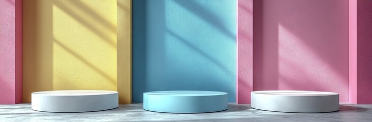Poster - A modern rendering of geometric shapes features a set of abstract 3D white semi-circle shelves or pedestals on a pastel-colored wall with yellow, blue, and pink hues, accompanied by lighting