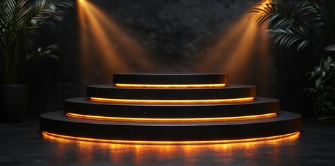 Poster - Luxurious stage with a light effect to showcase your product, featuring a 3D cylinder on a black background, ideal for a fashion presentation in modern format