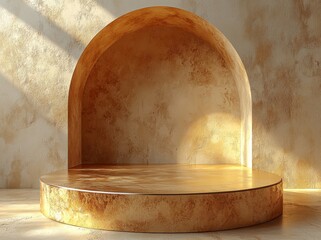 Poster - A luxurious setting featuring an elegant backdrop, pedestal, and display case, accompanied by a modern 3D gold stage and a sophisticated podium