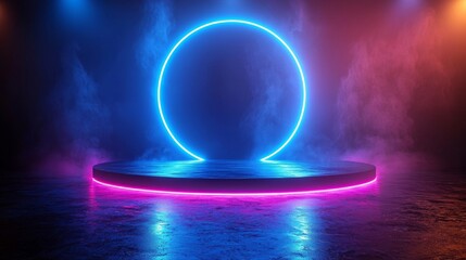 Poster - A blue podium is suspended in mid-air, set against a backdrop that features a blue neon ring