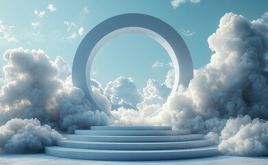 Poster - A 3D realistic product display on a podium is set against a backdrop of smoke clouds, rendered in blue and white hues