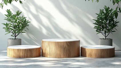 Poster - A wooden round podium on a transparent background is used for presenting cosmetic products, with a modern 3D geometric pedestal design