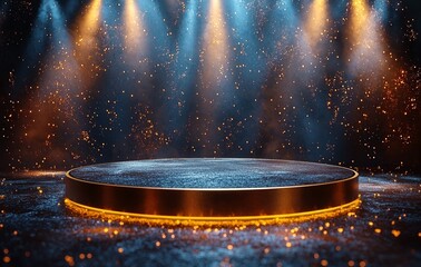Poster - A modern illustration features an empty pedestal on a dark background, set for an award ceremony with a podium illuminated by spotlights