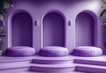 Poster - A 3D hexagon stand with a realistic purple hue and rounded curve shape layers serves as a modern podium set against a minimalist pastel background for product showcases and promotional displays in an