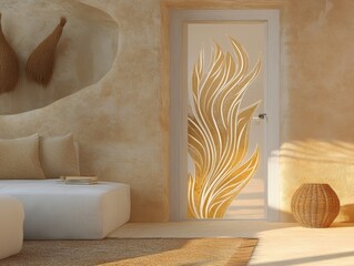 Poster - Interior design featuring a modern door with decorative glass panel in a beige room, eye-level shot, natural light