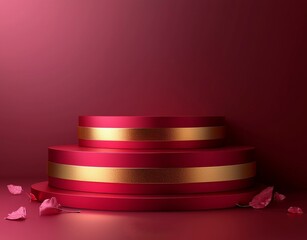Poster - A modern and minimalist studio concept featuring a 3D abstract red gold podium in an empty room for product display and presentation