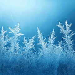 Poster - Frost formations on glass pane against blue background winter scene close up macro detailed view